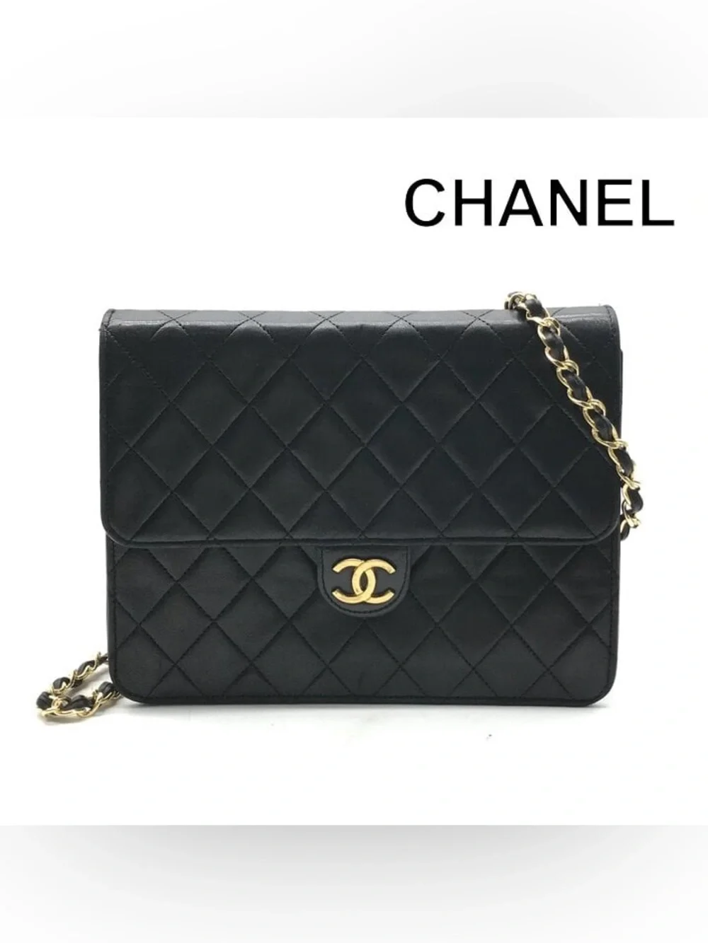 Authentic Chanel black lambskin leather single flap vintage bag